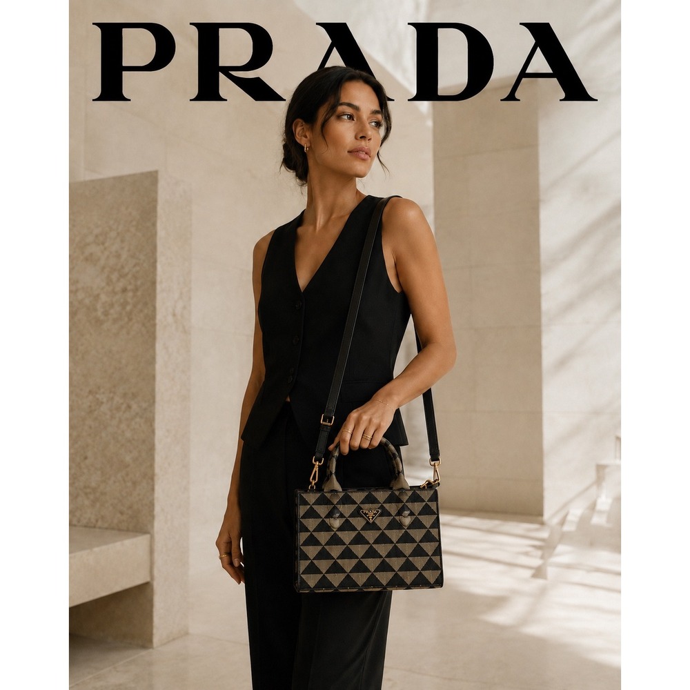 Prada Symbole Small Jacquard Fabric Handbag Black Beige Triangle Pattern